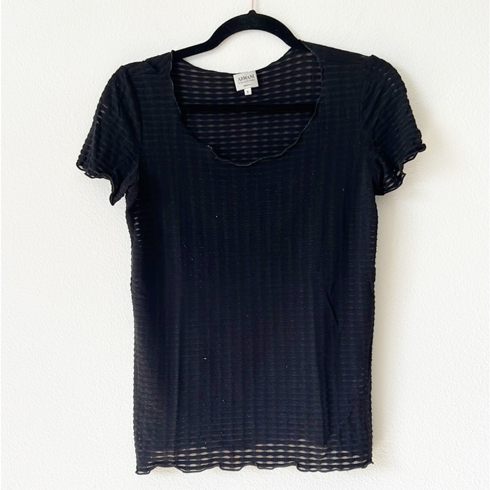 Armani Collezioni Black Sheer Open-Knit Short Sleeve Tee - Picture 2 of 7